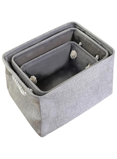 ECVV 3PCS Collapsible Rectangular Storage Basket with Handles, Storage Bins Organizer Shelf Basket for Organizing Shelves, Closets, Clothes, and Toy (Gray)