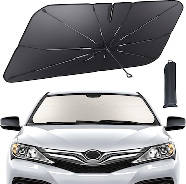 Car Windshield Sunshade Umbrella &ndash; [57"L x33"W] [5-Layer UV Block][10-Rib Fiberglass Frame] for Heat Insulation, Front Window Interior Sun Protection, for Medium Sedan, SUV Windshield