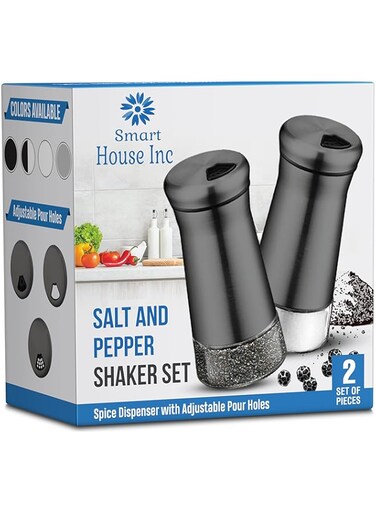 SP HOME GOODS Smart House Inc Salt and Pepper Shakers - Spice Dispenser with Adjustable Pour Holes - Stainless Steel &amp; Glass - By (2, Black)