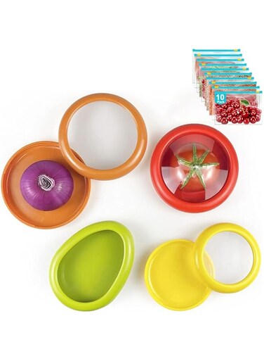 VEANXIN Silicone Fruit Saver, Fruit and Vegetable Anti-Oxidation Storage Box, Silicone Fruit Storage Containers For Fridge, BPA Free &amp; Reusable, Food Saver for Avocado Tomato Onion(4Pcs+10Pcs)