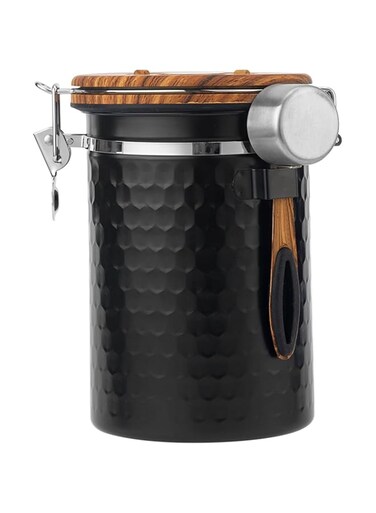 . Coffee Canister, Airtight Stainless Steel Kitchen Food Coffee Bean Storage Container with Scoop Date Tracker &amp; CO2 Valve 61Fl Oz for Beans, Grounds, Tea, Flour, Cereal, Sugar (Black)