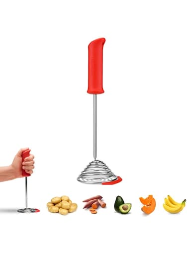 Dreamfarm Smood One-Handed Stainless Steel Spring Coil Vegetable and Potato Masher with Soft Grip and Bowl Scraper, 12-Inch, Easy to Use, Perfect for Mashing and Mixing, Red