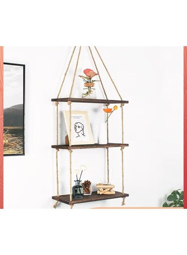 Hanging Shelves For Wall,3-Tier Antique Wood Floating Hanging Shelf With Handmade Twine Weaving Process,Suitable For Bedroom Living Room Bathroom,Hanging Window Plant Shelves Decor