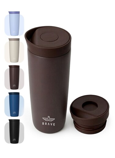 Insulated Travel Mug 350ml Stainless Steel Coffee Cup with Push Button Lid, Double Wall Vacuum Flask Thermos, Leakproof Tumbler for Hot &amp; Cold Drinks, Keeps Hot 8 Hours Cold 24 Hours, Portable Durable Coffee Tea Water Mug, Cup Holder Friendly Travel Tumbler (Brown)