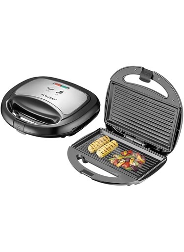 Sonashi 2 Slice Grill Maker &ndash; Non-Stick, Stainless Steel Sandwich Maker with Handle Locking System, Indicator Light, Overheat Protection 750 W SGT-883 Black/Silver