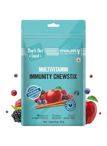 Bark Out Loud by Vivaldis - Fresh Chicken Immunity Chewstix Treats with Omega &amp; Zinc for Overall Health &amp; Vitality Stick for Dogs &amp; Cats of All Life Stages Pack of 1 X 100 gm