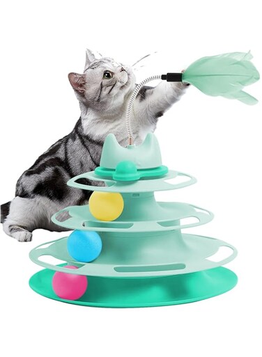 URbazaar Cat Toy Roller 4-Level Turntable with 3 Colorful Balls and Retractable Cat Feather Wand, Interactive Kitten Fun Mental Physical Exercise Puzzle Cat Toys (Green)