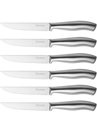 isheTao Steak Knives, Steak Knife Set of 6, 4.5 inches Steak Knife, Dishwasher Safe High Carbon Stainless Steel Steak Knife, Silver