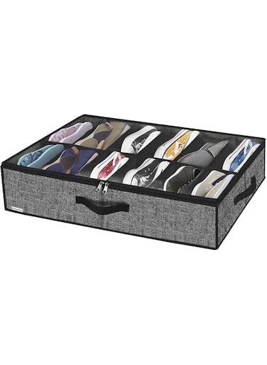 Onlyeasy Under Bed Shoe Storage Organizer with Sturdy Handles and Clear Window 1 Pack Fits 12 Pairs, Premium Foldable Underbed Shoes Container Box for Closet, Breathable, Linen-like Black, MXAUBSB1P