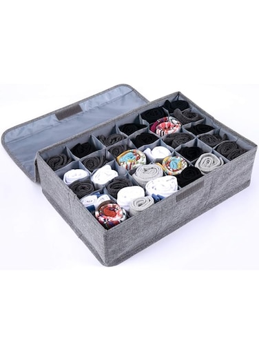 Socks Organizer with Lid, 30 Cell Underwear Drawer Organizer Foldable Closet Storage Box for Ties, Lingeries, Socks - Gray