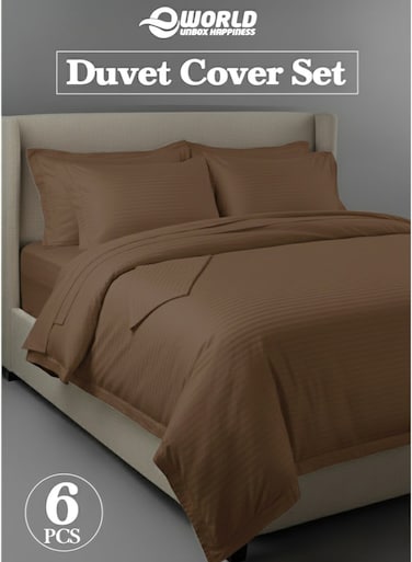 Premium Striped Duvet Set All Season &acirc;&euro;&ldquo; 6-Pieces Set Brown   King Size 220x240 cm   Ultra-Soft, Wrinkle-Resistant &amp; Made in Dubai   Includes Duvet Cover, Fitted Sheet (200x200 cm) &amp; 4 Pillowcases (50x70 cm)