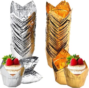 100 Pcs Baking Paper Cups, Silver &amp; Gold Tulip Muffin Liners for Medium Large Cupcakes, Suitable for Party &amp; Birthday Celebrations