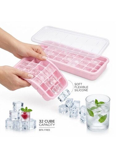 32 Grid Ice Cube Tray with Lid, Flexible Plastic Ice Cube Mold, Multicolour BPA Free Ice Tray for Freezer, Stackable Easy Release Ice Cube Maker, Leakproof Food Grade Tray for Juice, Coffee, Baby Food, Cocktails &amp; Chocolate (Multi-colour)