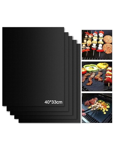 BBQ Grill Mat, Set of 5 Non-Stick Teflon Grill Mats, Gas Grill, 40 x 33 cm Grill Film, Reusable Baking Paper, PFOA-Free Over Coal, for Charcoal Grill, Electronic, Oven and Weber Style Grills