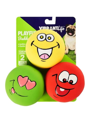 Vibrant Life Playful Buddy Emoticon Durable Rubber Latex Dog Chew Toy with Audible Squeaky Sound, Medium, 3 Count