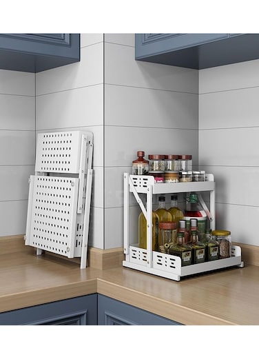 Tycom Pull Out Spice Rack Organizer For Countertop and Cabinet, Standing Shelf Jars Storage Holder, Foldable Seasoning Shelf Organizer for Kitchen Storage,2 Layer White.