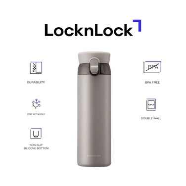 LocknLock Wannabe Tumbler 450ml Grey &ndash; Stainless Steel One-Touch Insulated Bottle with Ice Strainer and Spill-Resistant Design