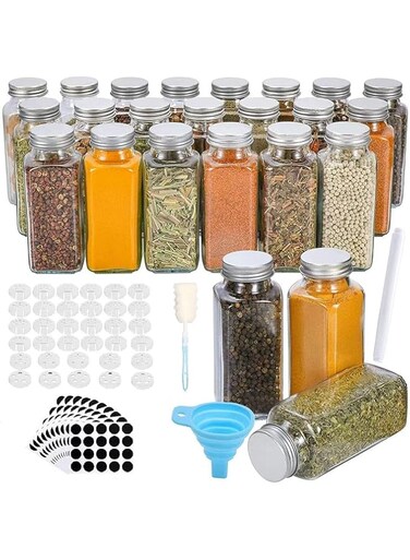 Sulfar 24 Pcs Glass Spice Jars/Bottles - 4oz Empty Square Spice Containers with 10 Sheet Blank Labels - Shaker Lids and Airtight Metal Caps - Silicone Collapsible Funnel Included