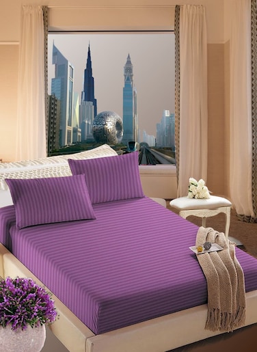 Faded Purple Cotton Single Striped Fitted Elastic Bedsheet Set 100x200+15cm