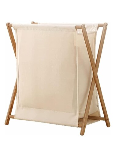 GGEROU Bamboo Wood Laundry Hamper Sorter Bin, Waterproof Portable and Collapsible Folding Clothes Basket Storage with Removable Poly/Cotton Liner Fabric Bag, X Frame - Made of Natural Bamboo (White)