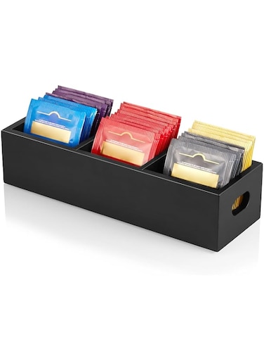 Tea Bag Organizer, Black Wooden Tea Bag Holder, Tea Storage Containers with 3 Slots, Sugar Packet Holder, Tea Bag Caddy Box for Countertop