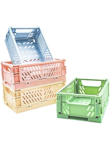 KASTWAVE 4 Pack Baskets Plastic for Shelf Home Kitchen Storage Bin Organizer, Stacking Folding Storage Baskets for Bedroom Bathroom Office - 24.8 x 16.5 x 9.7 cm