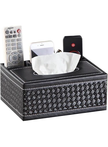 ECVV Tissue Box Cover Rectangular Leather Black Multifunctional Remote Control Stationery Napkin Holder, Modern Facial Tissue Paper Dispenser Desk Organizer Storage Box Home Office Supplies Caddy