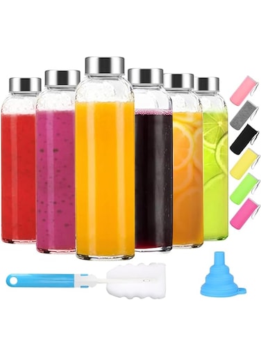 Premify Clear Glass Bottles with Lids 18oz - 6 Pack Empty Reusable Glass Water Bottles with Sleeves, Stainless Steel Lids, Funnel &amp; Brush for Hot &amp; Cold Drinks, Juice &amp; Tea - Beverage, Milk &amp; Smoothie