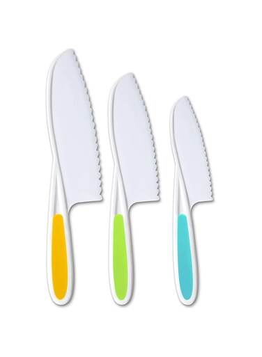 KASTWAVE 3-Piece Kids Plastic Fruit Knife Set, Firm Grip, Serrated Edges for Cutting Fruits, Salads, Cakes, Lettuce (Multicolor)