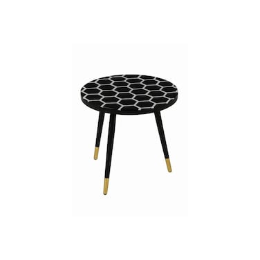 Modern Round Side Table with LED Lights, Hexagon Pattern Top, Black Metal Legs with Gold Tips