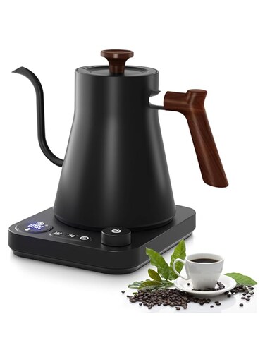 BIGTHREE Electric Kettle Gooseneck with Wooden Handle, Stainless Steel Water Boiler with Temperature Display, Pour Over Kettle for Coffee and Tea, Keep Warm Function, 1L