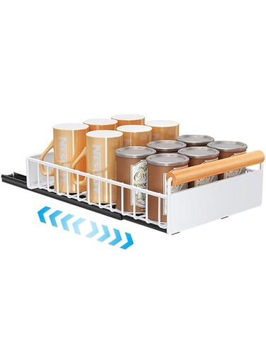 Fohome Pull Out Cabinet Organiser Adhesive Pull Out Kitchen Storage Heavy Duty Kitchen Pullout Drawers Slide Out Cabinet Drawers with Removable Drain Tray for Kitchen (S)