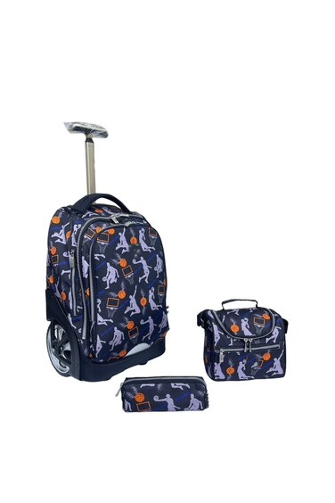 3-Piece Rolling School Set, 18-Inch Wheeled Backpack with Lunch Bag and Pencil Case, Pastel.BLACK FOOTBALLER PRINT