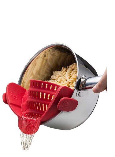 Clip on Strainer for Pots Pan Pasta Strainer, Silicone Food Strainer Hands-Free Pan Strainer, Clip-on Kitchen Food Strainer for Spaghetti, Pasta, Ground Beef Fits All Bowls and Pots. (Red))