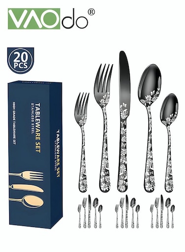20PCS Stainless Steel Cutlery Set Butterfly Silverware Set Service for 4 Stainless Steel Flatware Set with Steak Knives Mirror Polished Cutlery Set Black