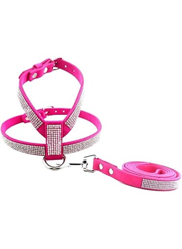 KH Sparkly Rhinestone Bling Dog Harness Leash Set Soft Leather Shining Diamonds Pet Collar Harness Vest for Small Medium Dogs Cats (M, Dark pink)