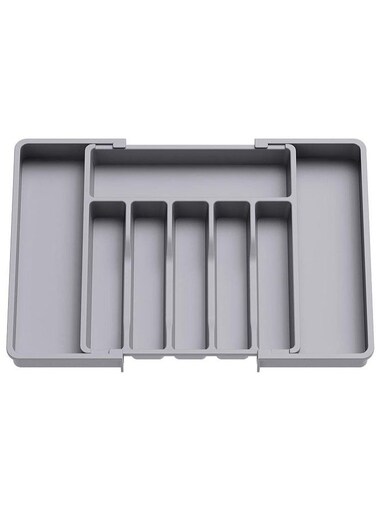 Cutlery Drawer Organizer, Plastic Silverware Tray for Kitchen, Adjustable Flatware with 8 Compartments, Non-Slip Utensil for Knives Spoons Forks, Fits Most Drawers, Grey