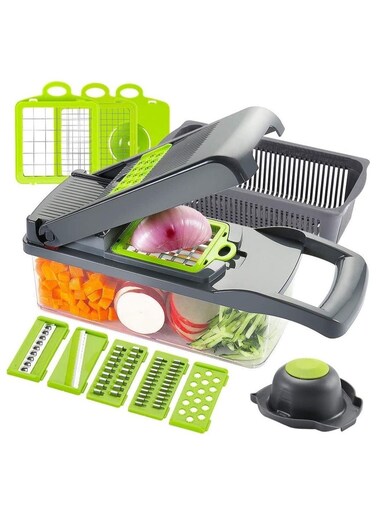 Chopper Slicer Dicer - 12-in-1 Fruits Cutter Mandoline Slicer Food Chopper/Cutter with 7 Stainless Steel Blades, Adjustable Slicer &amp; Dicer with Storage Container