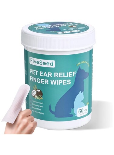 FiveSeed Ear Wipes for Dogs and Cats, Extra-Large Size Relief Finger Wipe Ear Cleaner to Stop Ear Itching and Infections, 50 Disposable Wipes