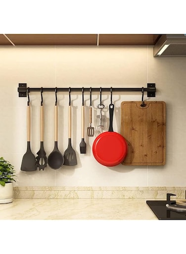 Khazna 12" Wall Mounted Pot Rack with 5 S-Hooks, Industrial Plumbing Rails for Kitchen Pot Lid and Pot Lid, Versatile Wall Mounted Organizer, Black, 1PACK