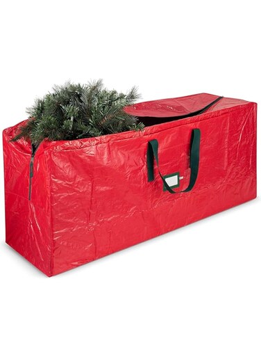 Calconox Storage Bag for 9 Ft Artificial Christmas Trees - Plastic, Waterproof - Strong Handles, Labeling Card Slot - Red