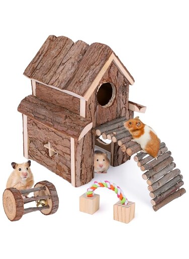 Elipark Small Animal Activity Toy Hamster Houses Hideouts Wooden Rat Playground Platform with Ladders Bridge for Chinchilla, Guinea Pigs, Gerbil, Parrots, Dwarf Mice,and Other Small Animals