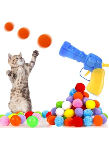 Joyzzz Cat Toy Ball Launcher, Cat Fetch Toy Shooter, 100 Colorful Plush Cat Fluffy Balls and 1 Cat Ball Toy Launcher with 3 Ping-Pong Pinballs, Cat Toys Interactive for Indoor Cats