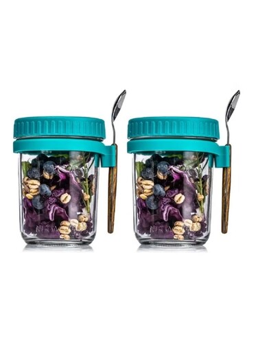 Glass Storage Jars with Airtight Lids &amp; Spoon   Overnight Oats Jars,Container with Measurement Marks, Wide Mouth Portable Jars Breakfast Container for Salads, Yogurt, Cereal Milk, Oatmeal,&amp; More 300ml ( Green )