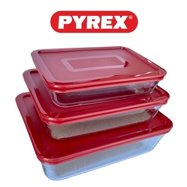 Pyrex 3-in-1 Rectangular Glass Baking Dish Set - 1.5L, 0.8L, and 2.6L with Red Lids