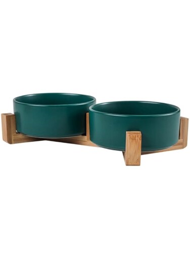 Arabest Pet Ceramic Bowl, Durable Ceramic Dog and Cat Bowl, Dog Food Bowl with Wooden Stand and Non-Slip Pads, Double Dog Bowls for Food and Water (Green)