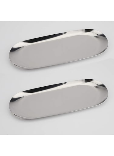 Fermus Stainless Steel Decorative Tray, Set of 2, 9 Inch Long, Jewelry Dish Cosmetics Organizer Bathroom Clutter Serving Platter Small Storage Tray, Oval, Silver