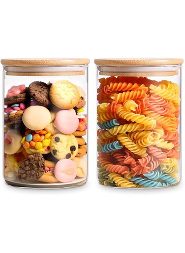 Glass Food Storage Jars 28 oz Set of 2, Glass Jars with Bamboo Lids for Kitchen Clear Glass Storage Containers with Lids, Pantry Organization Jar for Serving Tea, Coffee, Flour, Cookie, Spice