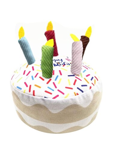 MAKINGTEC Pet Dog Birthday Cake Toy, Squeaky Soft Plush Toy with Rope Handles in Fun Happy Bright Colours Candles Durable Dog Chew &amp; Cuddly Interactive Toys for Puppy Small to Medium Dog