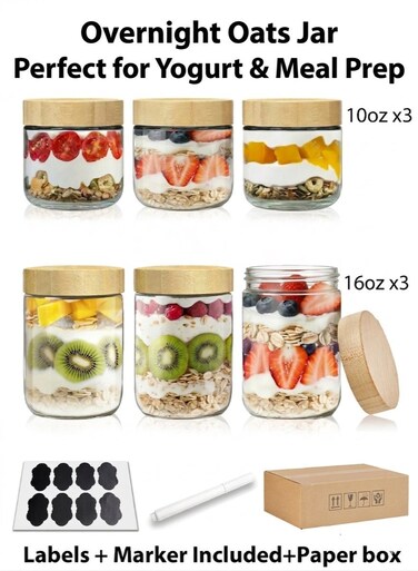 Oats &amp; Yogurt Glass Jars with Bamboo Lids &acirc;&euro;&ldquo; 6 Pack Airtight Food Storage Jars for Salad &amp; Meal Prep, Wide Mouth Glass Containers with Labels &amp; Marker